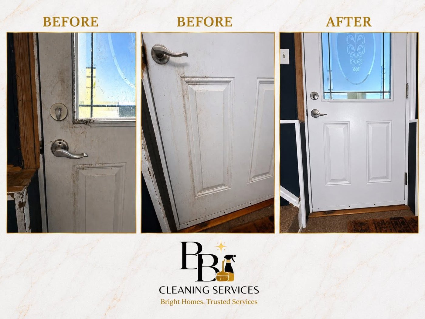 Before and after of a dirty white entry door and frame, cleaned by Bay Bright