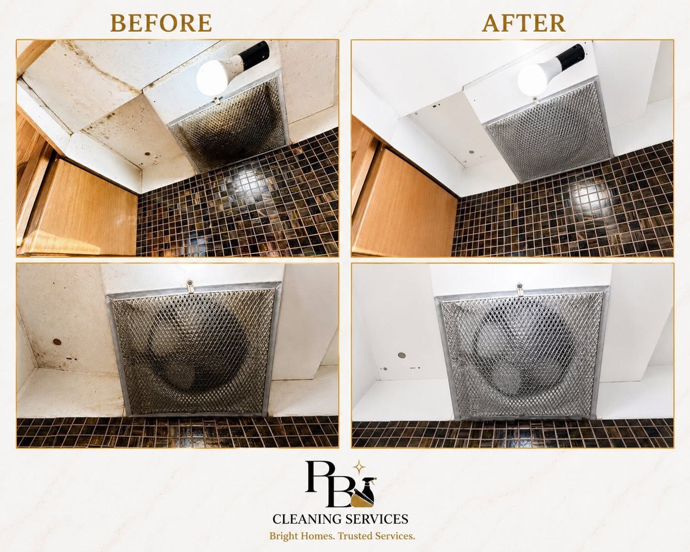 Before and after of a greasy range hood filter and tiled backsplash, cleaned by Bay Bright