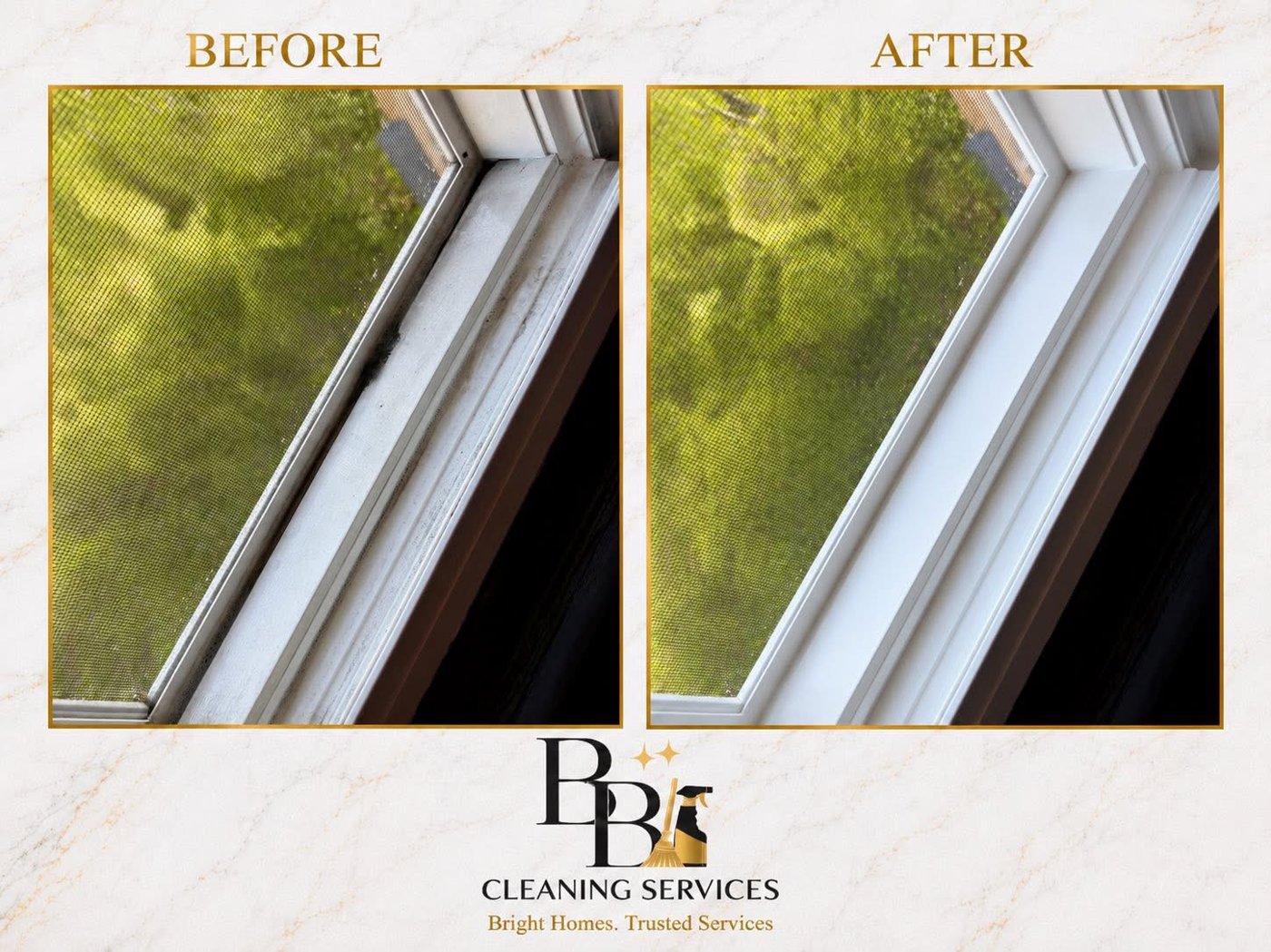 Before and after of a dusty window track and sill, cleaned by Bay Bright