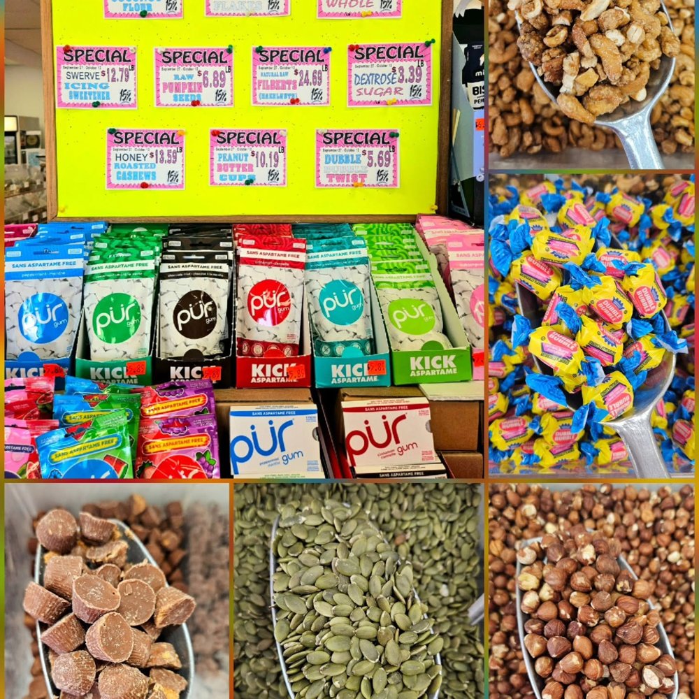 Bulk nuts, seeds, candy and a wall of bi weekly specials at Bins & Bins