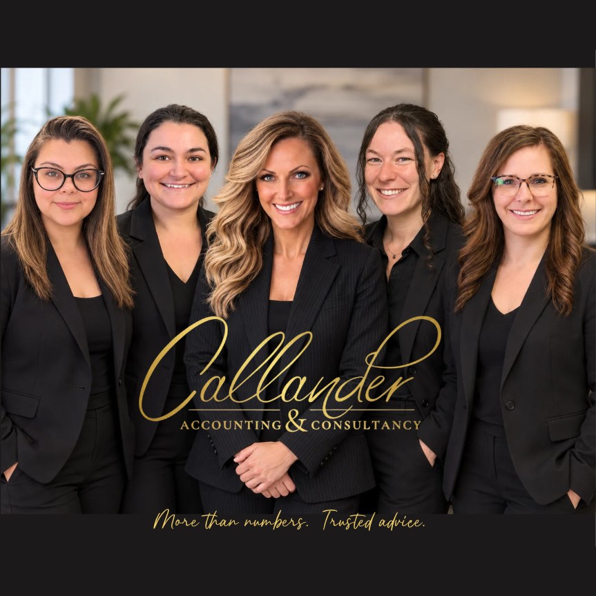 Kim McVeety and the Callander Accounting & Consultancy team, five women in black suits under the gold Callander logo