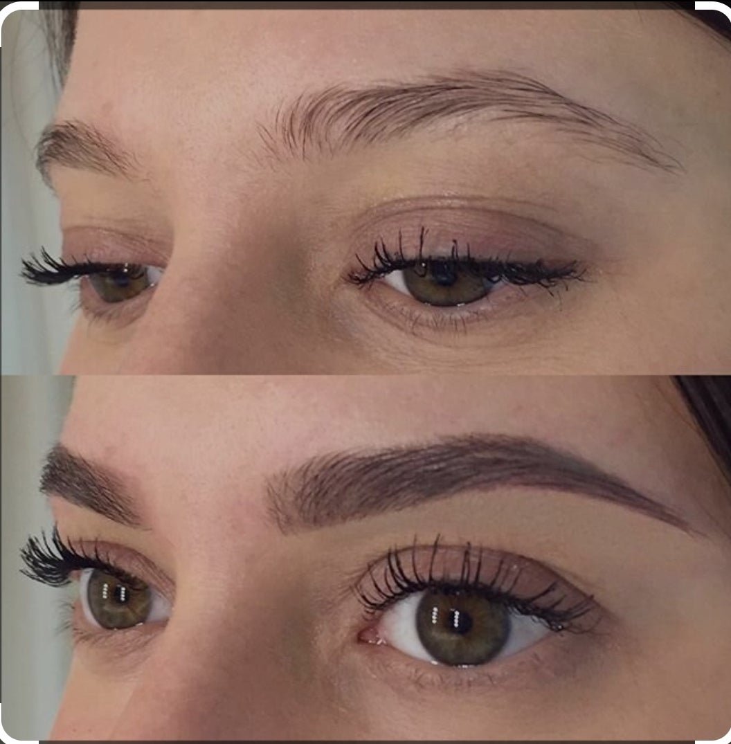 Before and after brow lamination and lash lift on a client at Unique Esthetics in North Bay